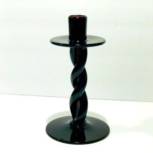 Vintage BLENKO Black Amethyst Art Glass Candlestick Holder Hand Blown 8.5”